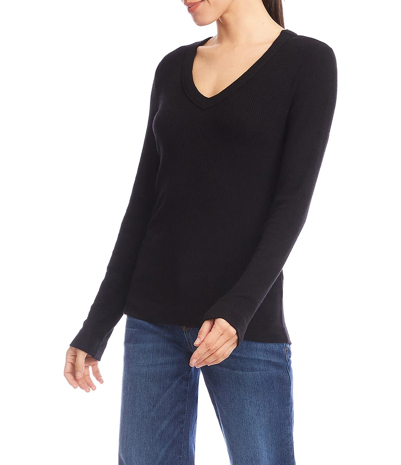 Karen Kane Petite Size Ribbed V-Neck Long Sleeve Fitted Top
