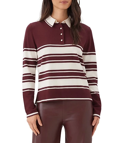 Karen Kane Petite Size Rugby Stripe Point Collar Long Sleeve Polo Top