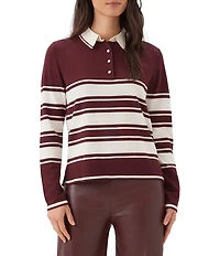Karen Kane Petite Size Rugby Stripe Point Collar Long Sleeve Polo Top