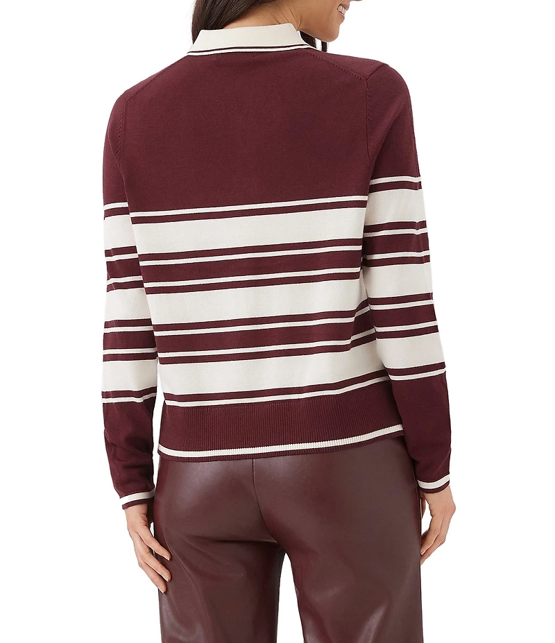 Karen Kane Petite Size Rugby Stripe Point Collar Long Sleeve Polo Top