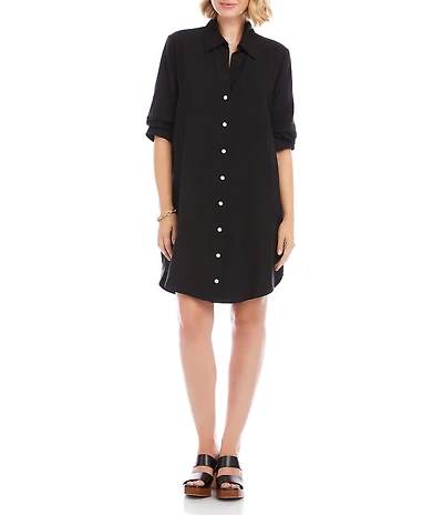 Karen Kane Petite Size Sand Wash Twill Point Collar 3/4 Ruched Sleeve Button Front Shirt Dress