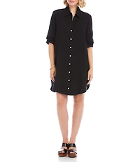 Karen Kane Petite Size Sand Wash Twill Point Collar 3/4 Ruched Sleeve Button Front Shirt Dress