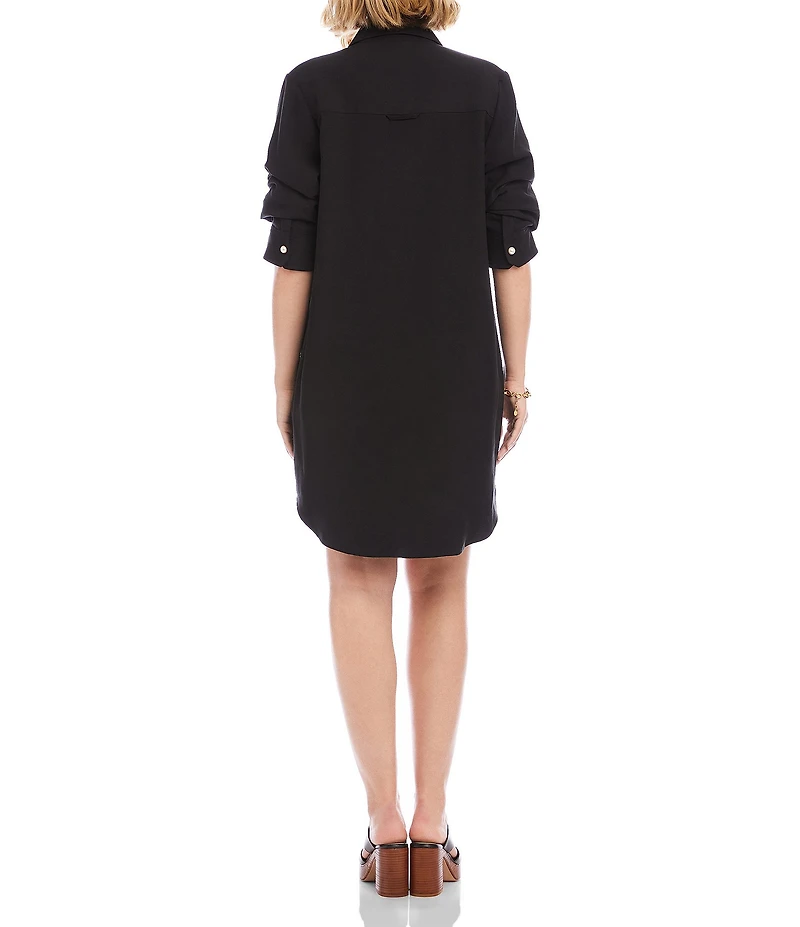 Karen Kane Petite Size Sand Wash Twill Point Collar 3/4 Ruched Sleeve Button Front Shirt Dress