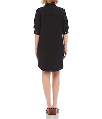 Karen Kane Petite Size Sand Wash Twill Point Collar 3/4 Ruched Sleeve Button Front Shirt Dress