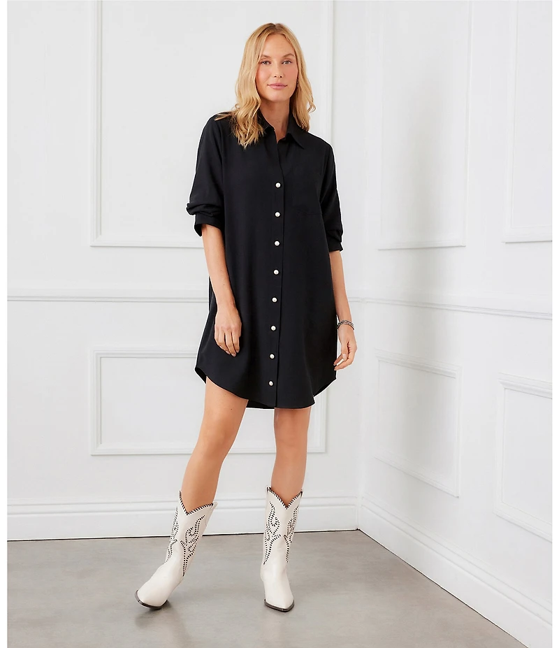 Karen Kane Petite Size Sand Wash Twill Point Collar 3/4 Ruched Sleeve Button Front Shirt Dress