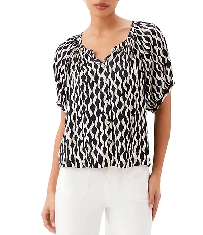 Karen Kane Petite Size Satin Sleek Wavy Stripe Scoop Neck Short Sleeve Peasant Top