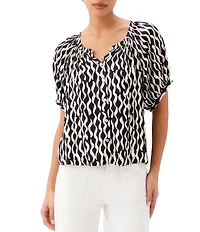 Karen Kane Petite Size Satin Sleek Wavy Stripe Split V-Neck Short Sleeve Peasant Top