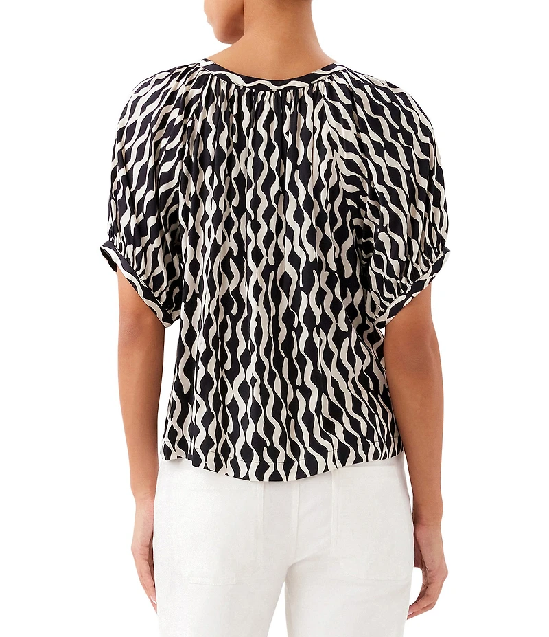 Karen Kane Petite Size Satin Sleek Wavy Stripe Split V-Neck Short Sleeve Peasant Top