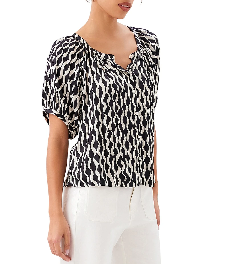 Karen Kane Petite Size Satin Sleek Wavy Stripe Split V-Neck Short Sleeve Peasant Top