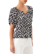 Karen Kane Petite Size Satin Sleek Wavy Stripe Split V-Neck Short Sleeve Peasant Top