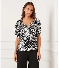 Karen Kane Petite Size Satin Sleek Wavy Stripe Split V-Neck Short Sleeve Peasant Top