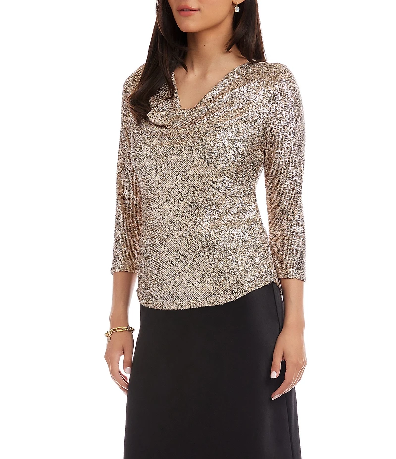 Karen Kane Petite Size Sequin Mesh Draped Neck 3/4 Sleeve Top