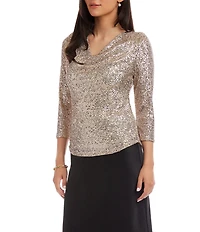 Karen Kane Petite Size Sequin Mesh Draped Neck 3/4 Sleeve Top