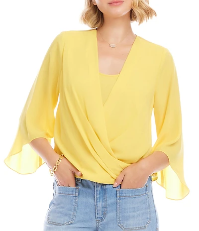 Karen Kane Petite Size Silky Crepe Draped Crossover V-Neck 3/4 Flare Sleeve Top