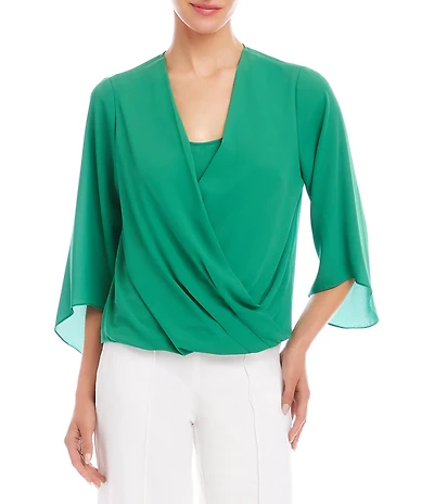 Karen Kane Petite Size Silky Crepe Draped Crossover V-Neck 3/4 Flare Sleeve Top