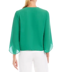 Karen Kane Petite Size Silky Crepe Draped Crossover V-Neck 3/4 Flare Sleeve Top