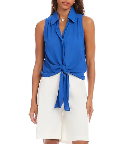 Karen Kane Petite Size Silky Crepe Point Collar Sleeveless Tie Front Shirt