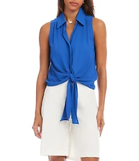 Karen Kane Petite Size Silky Crepe Point Collar Sleeveless Tie Front Shirt