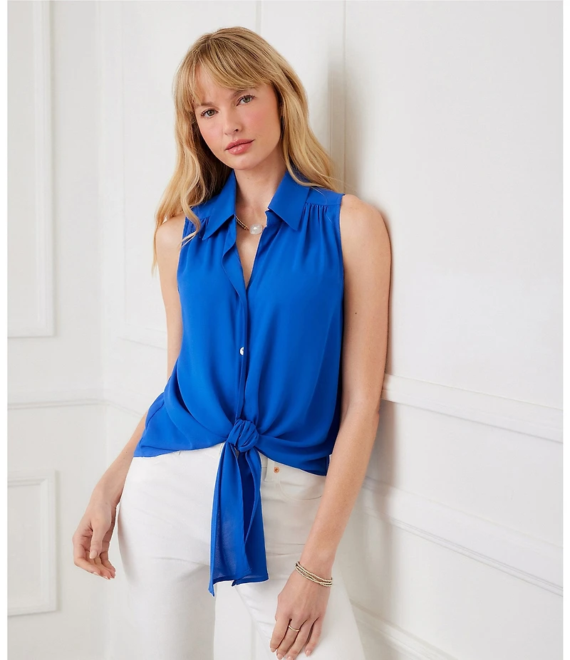 Karen Kane Petite Size Silky Crepe Point Collar Sleeveless Tie Front Shirt