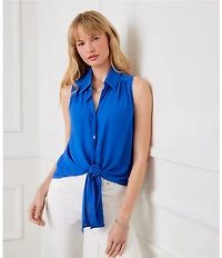 Karen Kane Petite Size Silky Crepe Point Collar Sleeveless Tie Front Shirt