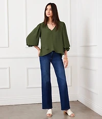 Karen Kane Petite Size Silky Crepe V-Neck 3/4 Flared Sleeve Asymmetric Hem Top