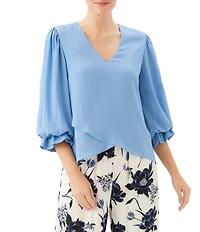 Karen Kane Petite Size Silky Crepe V-Neck 3/4 Flared Sleeve Asymmetric Hem Top