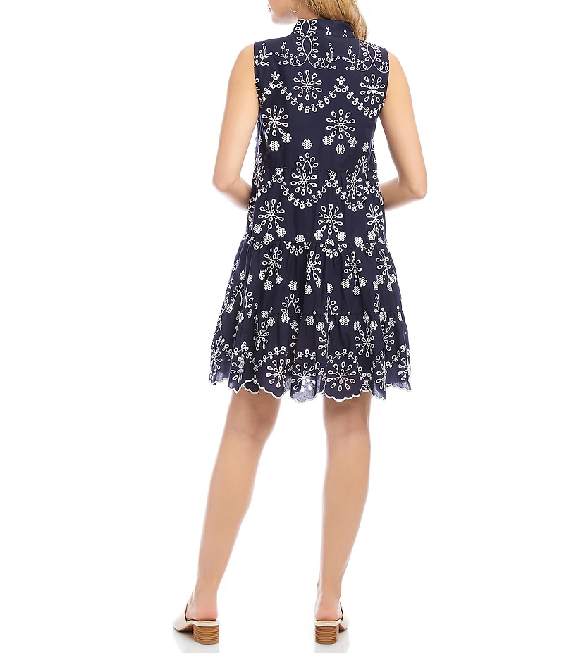 Karen Kane Petite Size Sleeveless Eyelet Split V-Neck Scalloped Hemline A-Line Dress