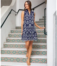 Karen Kane Petite Size Sleeveless Eyelet Split V-Neck Scalloped Hemline A-Line Dress