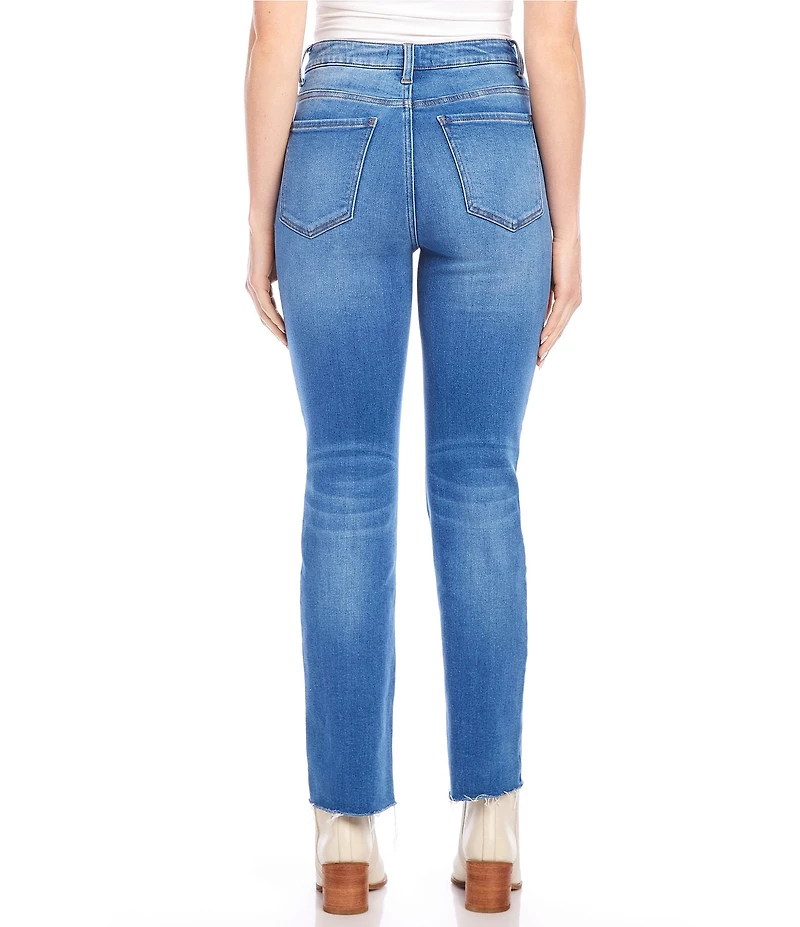 Karen Kane Petite Size Stretch High Rise Raw Hem Straight Leg Jeans