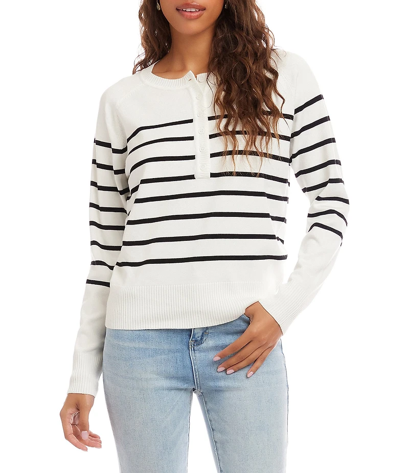 Karen Kane Petite Size Stripe Henley Neck Long Sleeve Sweater Knit Top