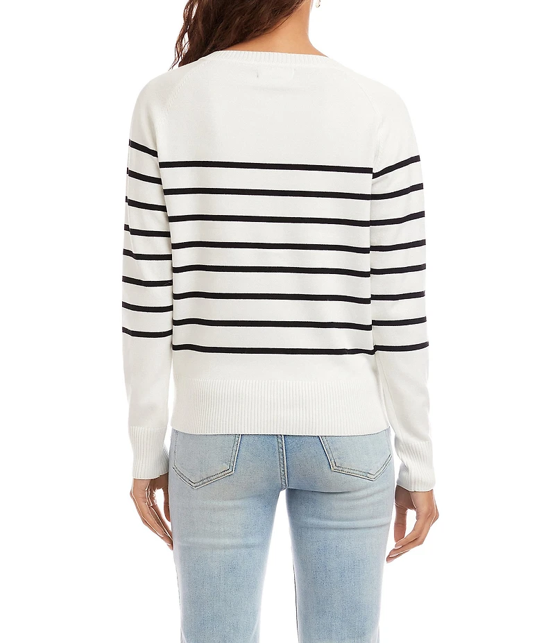 Karen Kane Petite Size Stripe Henley Neck Long Sleeve Sweater Knit Top
