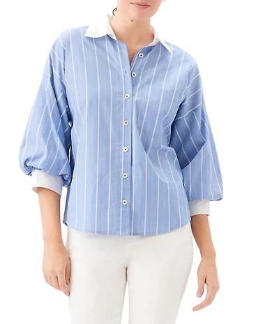 Karen Kane Petite Size Stripe Point Collar 3/4 Lantern Sleeve Button-Front Shirt