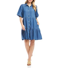 Karen Kane Petite Size Tencel Puff Sleeve Button-Front Tiered Shirt Dress