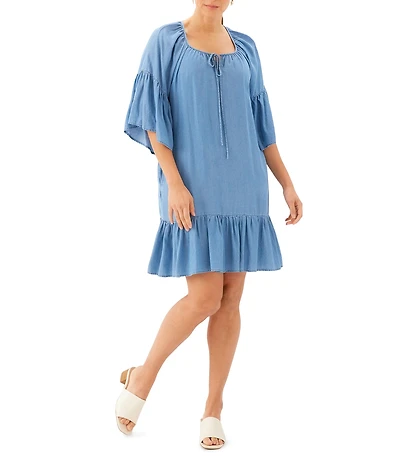 Karen Kane Petite Size Tencel Split V-Neck 3/4 Flutter Sleeve Tiered Ruffle Hem Shift Dress