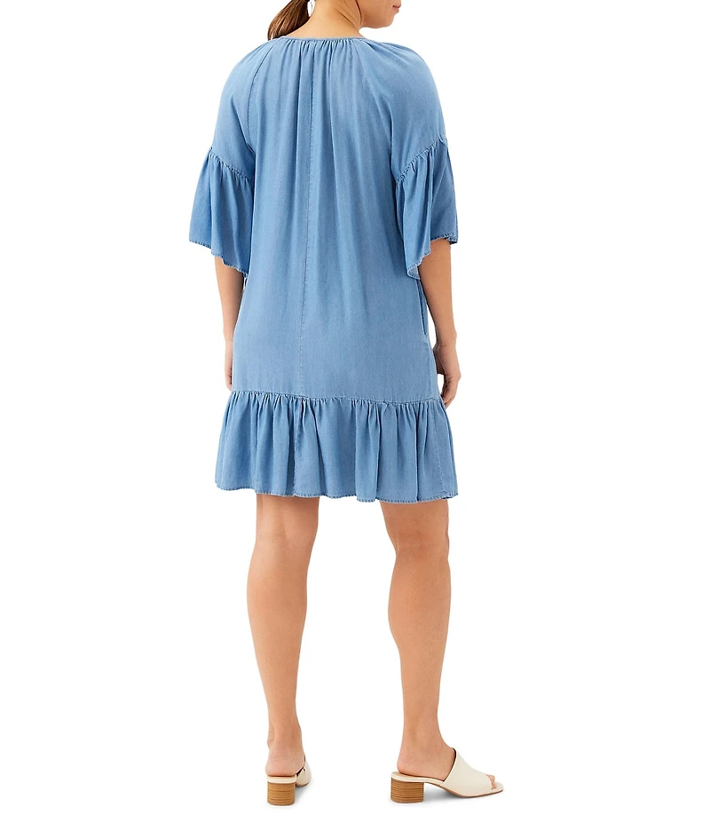 Karen Kane Petite Size Tencel Split V-Neck 3/4 Flutter Sleeve Tiered Ruffle Hem Shift Dress