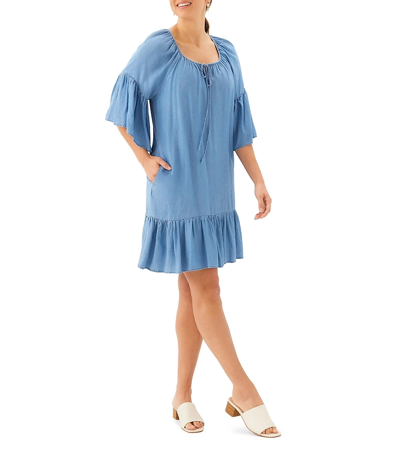 Karen Kane Petite Size Tencel Split V-Neck 3/4 Flutter Sleeve Tiered Ruffle Hem Shift Dress