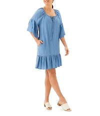 Karen Kane Petite Size Tencel Split V-Neck 3/4 Flutter Sleeve Tiered Ruffle Hem Shift Dress