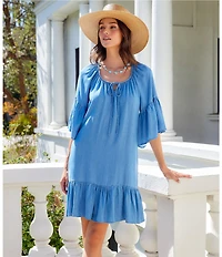 Karen Kane Petite Size Tencel Split V-Neck 3/4 Flutter Sleeve Tiered Ruffle Hem Shift Dress