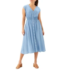 Karen Kane Petite Size Tencel V-Neck Cap Sleeve Button-Front Midi Dress