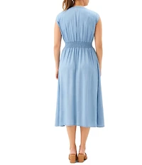 Karen Kane Petite Size Tencel V-Neck Cap Sleeve Button-Front Midi Dress