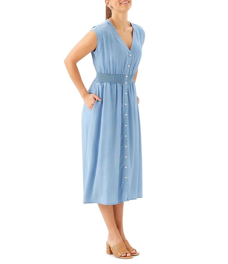Karen Kane Petite Size Tencel V-Neck Cap Sleeve Button-Front Midi Dress