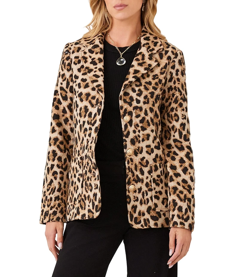 Karen Kane Petite Size Textured Jacquard Leopard Notch Collar Long Sleeve Button Front Blazer
