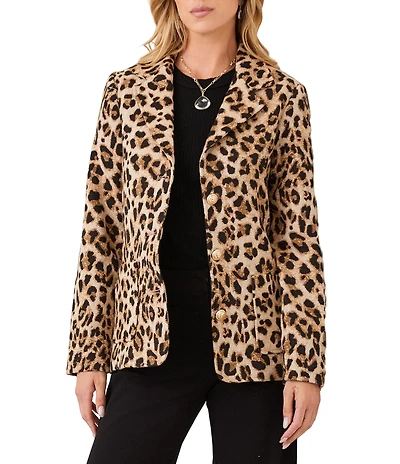 Karen Kane Petite Size Textured Jacquard Leopard Notch Collar Long Sleeve Button Front Blazer