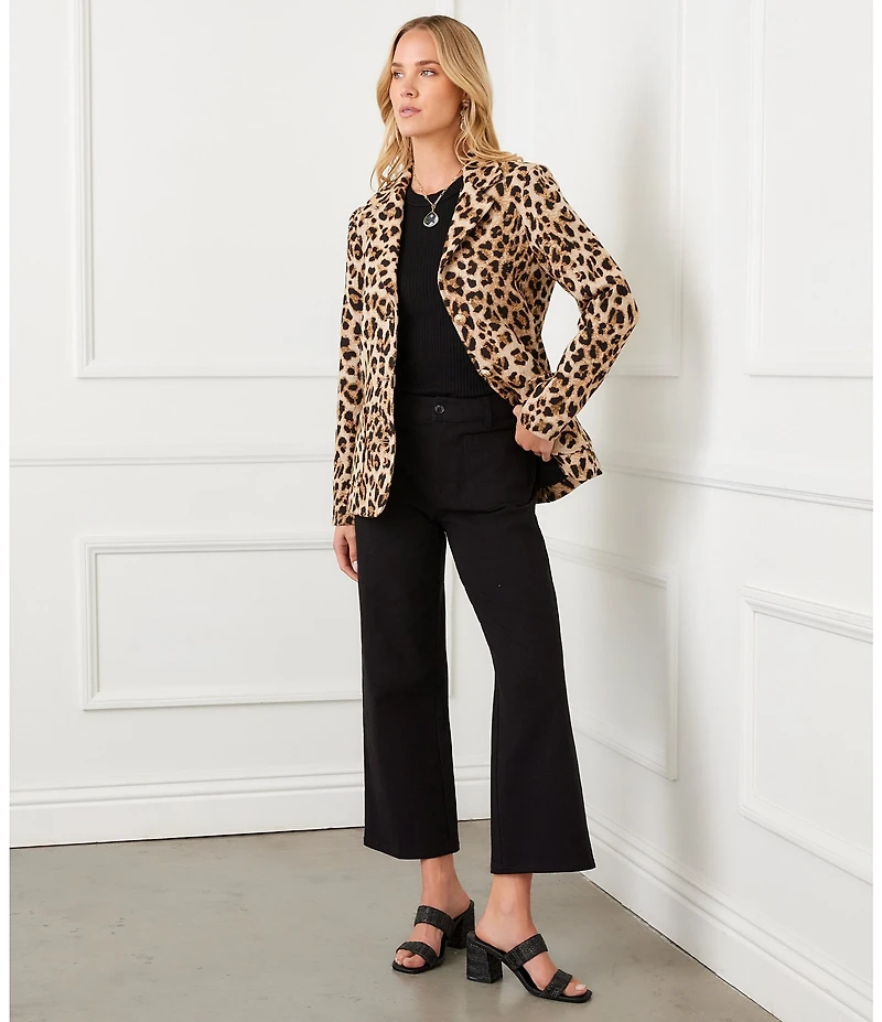 Karen Kane Petite Size Textured Jacquard Leopard Notch Collar Long Sleeve Button Front Blazer