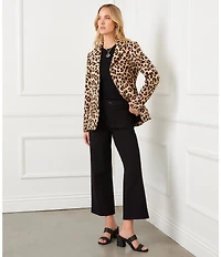Karen Kane Petite Size Textured Jacquard Leopard Notch Collar Long Sleeve Button Front Blazer