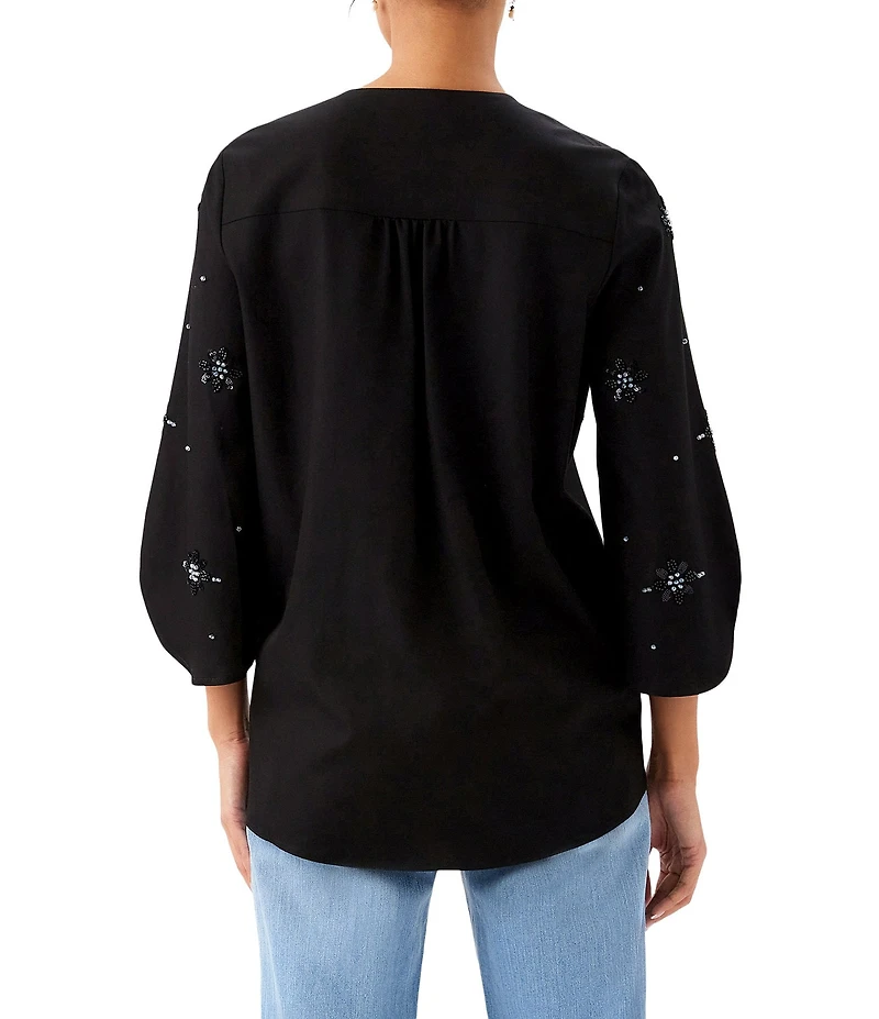 Karen Kane Petite Size Twill Woven Embellished V-Neck 3/4 Sleeve Asymmetric Hem Top