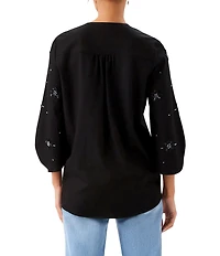 Karen Kane Petite Size Twill Woven Embellished V-Neck 3/4 Sleeve Asymmetric Hem Top