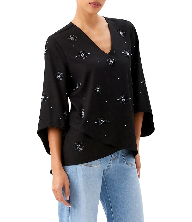 Karen Kane Petite Size Twill Woven Embellished V-Neck 3/4 Sleeve Asymmetric Hem Top