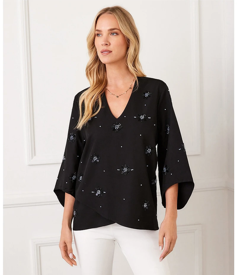 Karen Kane Petite Size Twill Woven Embellished V-Neck 3/4 Sleeve Asymmetric Hem Top