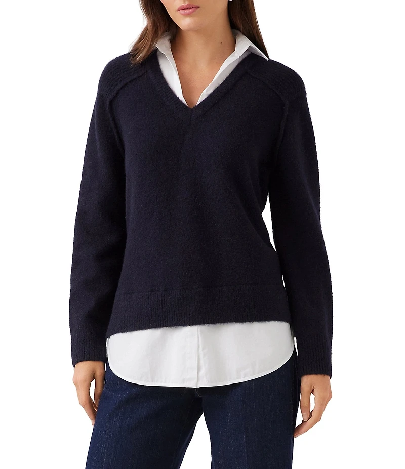 Karen Kane Petite Size Twofer Layered Collared V-Neck Long Sleeve Sweater